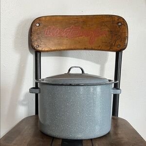 Antique enameled pot with lid gray speckled color